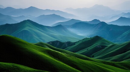 Fototapeta premium Serene Green Hills Under Soft Misty Sky