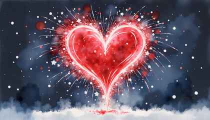 Glowing heart shape created with sparkling fireworks on a dark background