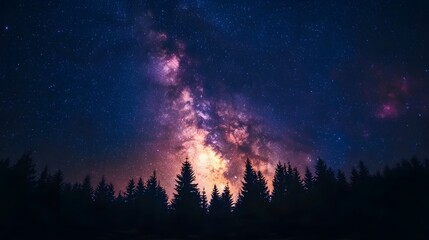 Fototapeta premium Night sky featuring the vibrant Milky Way galaxy and pine forest silhouette, starry cosmos with colorful nebula, creating a mystical atmosphere in high-resolution astrophotography.