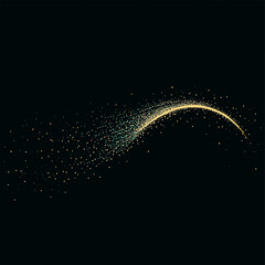 Abstract gold glitter, glowing trail on green background. AI generation.