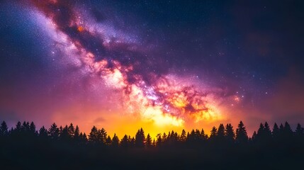 Fototapeta premium Night sky featuring the vibrant Milky Way galaxy and pine forest silhouette, starry cosmos with colorful nebula, creating a mystical atmosphere in high-resolution astrophotography.