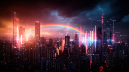 Fototapeta premium vibrant urban nightscape featuring neon lit skyscrapers and rainbow