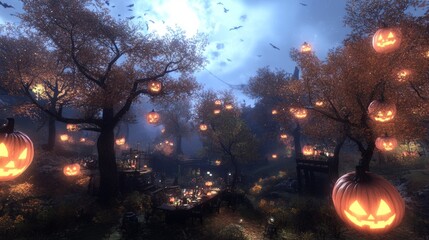 Outdoor Halloween dinner party family around a table filled with food