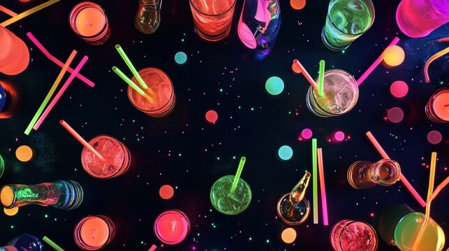 Bunte Neonparty - Draufsicht auf Cocktails und Strohalme