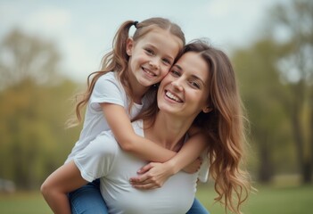 Naklejka premium A mother and daughter share a joyful hug in a green outdoor setting, capturing love, family bonding, and happiness. The image highlights family relationships and togetherness.
