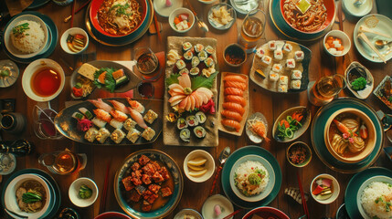A vibrant table filled with iconic Asian dishes like sushi, pho, and dim sum, showcasing the diverse flavors of the continent.