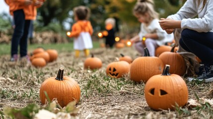 Spooky pumpkin patch adventure with family children in costumes holding flashlights