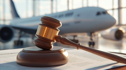 A gavel rests on legal documents with an airplane in the background, symbolizing aviation law and justice in the airline industry.