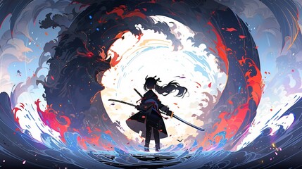 black silhouette with a girl in a graceful fighting pose with a katana, colorful anime style