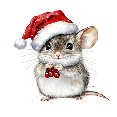 A cute mouse wearing a festive Santa hat holds red berries while celebrating the Christmas season in a whimsical winter setting