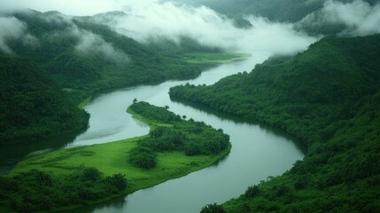 Obraz premium Serene River Flowing Through Lush Green Landscape
