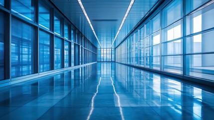 Fototapeta premium Modern office corridor with glass walls and reflective floor.