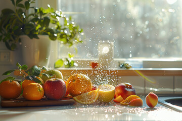 Freshly picked fruits like apples, oranges, and peaches, placed in a modern kitchen setting with water droplets glistening under the soft morning sunlight