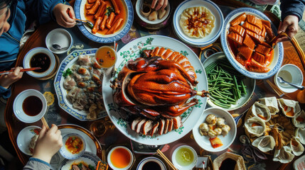Peking duck being carved at a table, its crispy skin glistening, surrounded by sauces and pancakes for assembly.