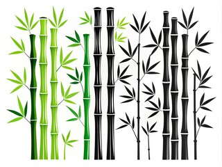 Fototapeta premium Bamboo black monochrome icon set featuring sticks, branches, leaves, and tree trunks on a white background, perfect for modern design and illustrative projects.