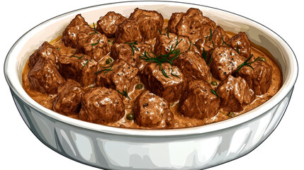 A bowl of beef stew with gravy, dill, and peppercorns.
