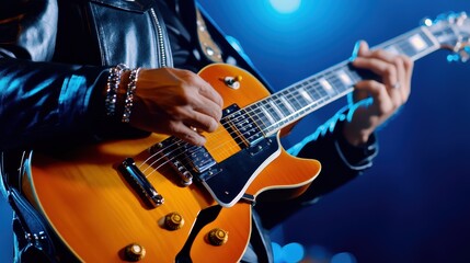 Obraz premium Guitar Player Under Spotlight: Witness a guitarist's hands, deftly maneuvering on the fretboard. bathed in the glow of stage lights.