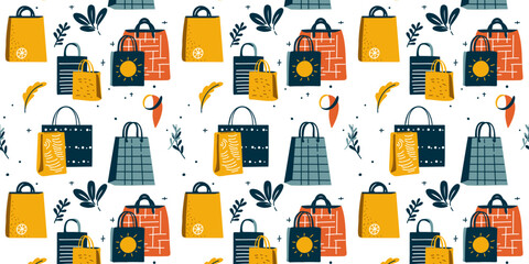 Modern seamless pattern with shopping bags in vector style with creative design, bright colors like yellow, orange and navy blue surrounded by plants and accessories for a fashionable look