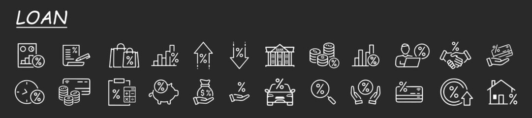 Loan, tax and fees line icons. Discount and Investment vector linear icon set.
