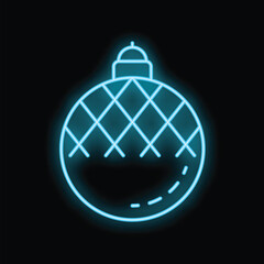 Bright blue neon sign of a christmas bauble glowing on a dark background