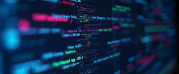 Fototapeta premium Colorful lines of computer code are displayed on a dark screen, highlighting programming, technology, and software development. The image emphasizes coding and the digital world.