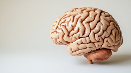Close-up of human brain model with visible tumor, neutral background, soft lighting, medical focus, detailed representation, educational tool for medical professionals and students.
