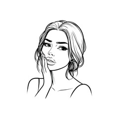Black Outline Vector of Attractive Young Woman Touching Her Cheek in Painful Toothache Expression