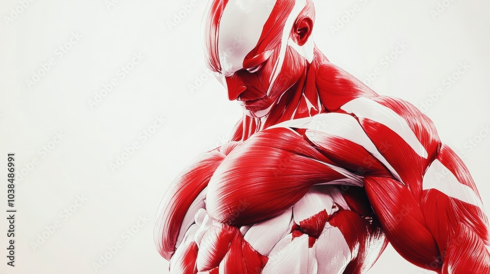Aufkleber This artwork features a striking 3D rendering of a muscular figure, emphasizing the intricate details of red and white muscles. Generative AI