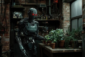 Fototapeta premium Futuristic robot in an old industrial workshop