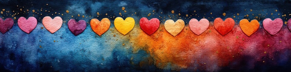 Obraz premium Colorful watercolor hearts arranged in a vibrant row against a rich blue background.