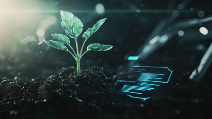 High-Tech Agriculture Concept Featuring Digital Data Interface and Plant in Soil for Sustainable Crop Management