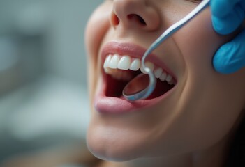 A dentist examines a patient's teeth using a dental tool in a close-up, focusing on oral health and dental care. The image emphasizes healthcare and dental hygiene.