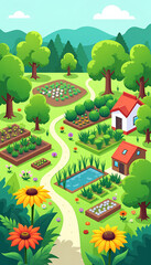Fototapeta premium Stylized vector art of a community garden illustrating how subsidies and grants support green spaces