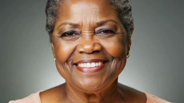 Close-up video of a middle-aged woman with a warm smile, expressing empathy. Studio key light, static camera, neutral grey background.