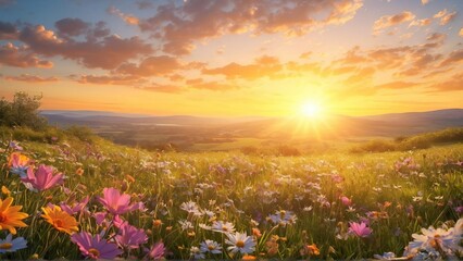 Fototapeta premium Abstract soft focus sunset field landscape of yellow flowers and grass meadow warm golden 