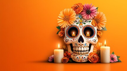 Day of the dead sugar skull with flowers and candles.