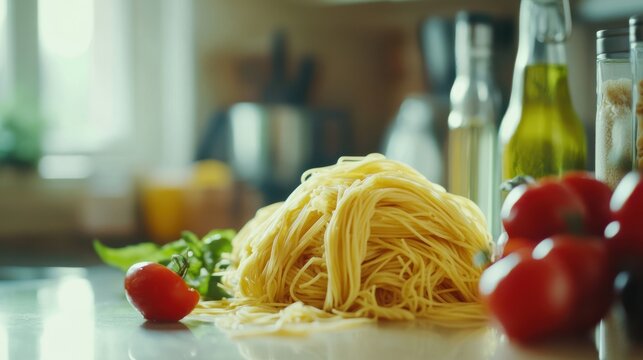 noodles on table with tomato, modern kitchen background with ingredients for pasta neatly arranged, noodles pasta thumbnail