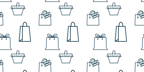 Cute seamless pattern featuring shopping bags and gift boxes, drawn in a doodle style