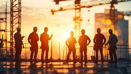 Obraz premium Silhouette of Engineer and worker on building site, construction site at sunset in evening time. 