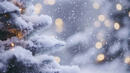 A snow covered tree with lights on it