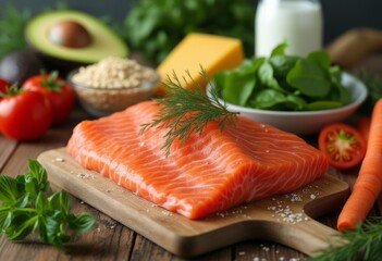 A fresh salmon fillet sits on a wooden cutting board surrounded by colorful vegetables, symbolizing healthy eating, freshness, and culinary preparation. The image emphasizes nutrition and food