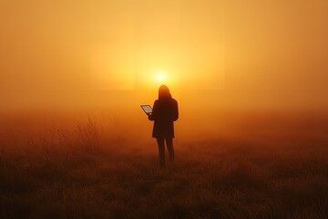 A person with a tablet in hand stands in a large field. Generative Ai