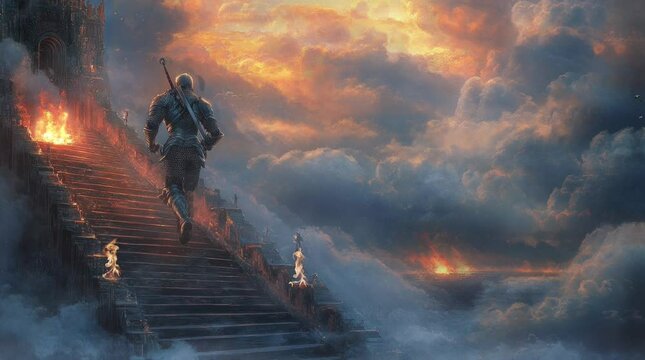 A knight with a sword on his back was climbing the palace stairs at night. Seamless looping time-lapse virtual 4k video animation background