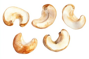 Cashew nuts arranged on a white isolated background.