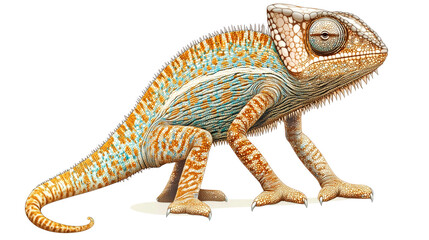 Obraz premium A colorful chameleon with a long tail and large eyes against a white background.