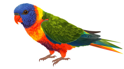 A colorful lorikeet with blue head, green body, red beak, and yellow tail feathers.
