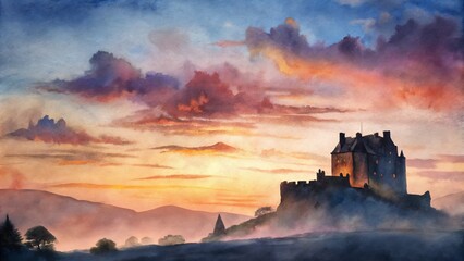 Obraz premium Soft watercolor Scottish castle silhouette background, warm orange and pink hues at dusk, romantic and historical Hogmanay scenery