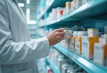 A pharmacist organizes medicine boxes on the shelves in a pharmacy, symbolizing healthcare, medication management, and professional service. The image emphasizes organization and health care services.