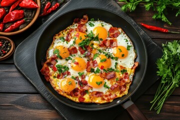 Delicious fried eggs with bacon and herbs