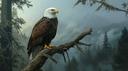 A bald eagle perched on a tree branch, scanning the landscape below in a forest setting.